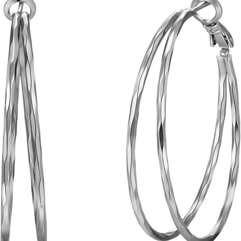 Diamond-Cut Double Hoop Earrings Women 14k Gold Silver Sterling Hypoallergenic